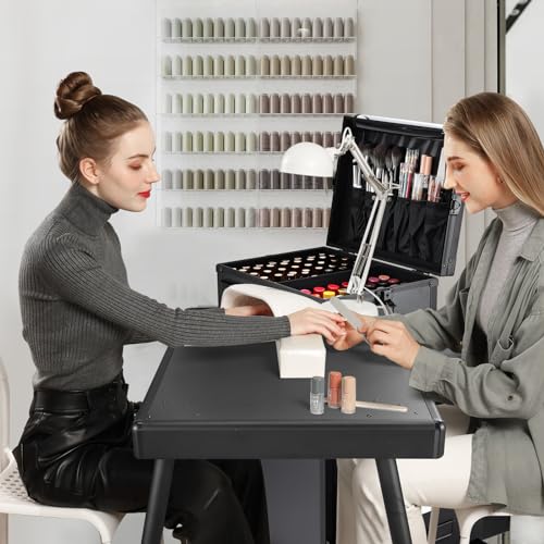 Joligrace Rolling Manicure Table 5 Drawers Makeup Case Foldable Nail Desk Cosmetology Case on Wheels Nail Tech Table with Brush Pouch for Technician Workstation Mobile Makeup Artist Trolley Black