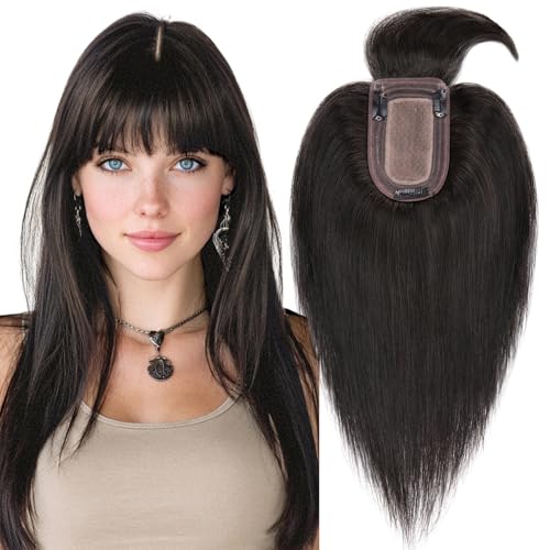 MY-LADY Human Hair Toppers for Women Real Human Hair with Bangs Thin 7 * 13CM Silk Base with Lace Clip in Remy Hairpieces 150% Density 18 Inch Natural Black
