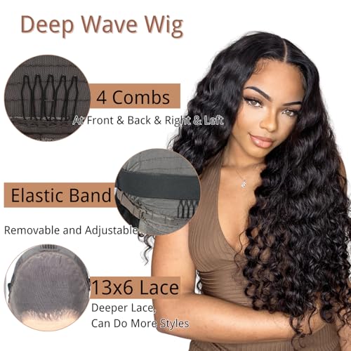 Deep Wave Lace Front Wig, 13x6 HD Transparent Lace, Raw Human Hair, 200 Density, Pre-Plucked with Baby Hair for Women, Natural Color 30 Inch