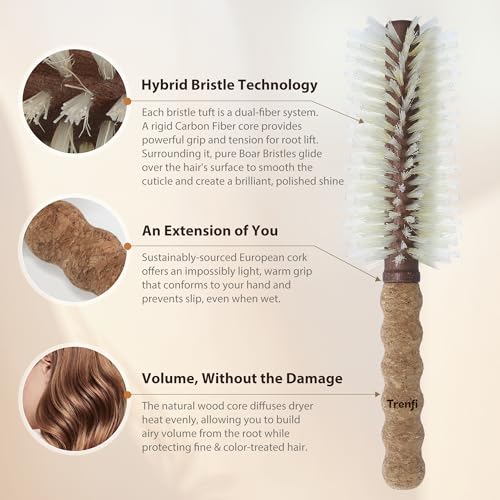 Professional Hybrid Boar Bristle Round Brush (2.75") | Boar & Nylon for Enhanced Tension, Luminous Shine & Volume | Ergonomic Cork Handle for Medium to Long Hair