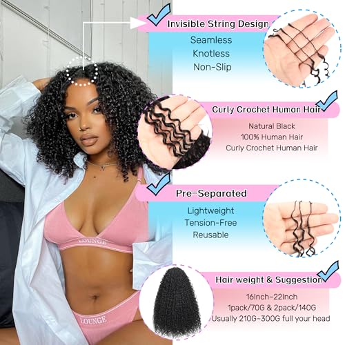Afro Kinky Curly Knotless Pre-Separated Crochet Hair Extensions Micro Pre Looped Crochet Human Hair Extensions Curly 100% Human Hair Extensions Natural Color (Natural Black(140g), 18 Inch)