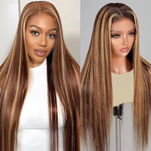 IWISH Ombre Lace Front Wig Human Hair 26 Inches 200% Density 13x6 Straight Highlight Lace Frontal Human Hair Wigs P4/27 Colored Wigs for Women