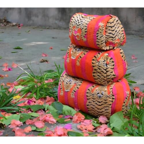 INDACORIFY Tiger Print Makeup Bag Set of 3 Pieces Indian Cotton Toiletry Bag Make up Pouch Travel Bag Quilted Wash Bag Shaving Cotton Cosmetic Kit