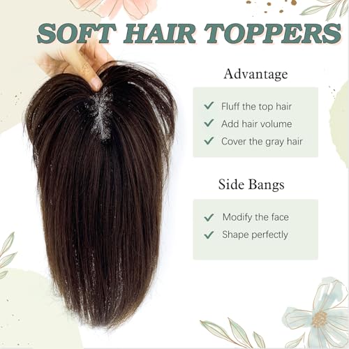 Brown Hair Topper With Bangs Real Human Hair Toppers For Women With Thinning Hair 360¡Æ 3D Cover Hair Pieces with Bangs For Women (12Inch, Brown with Bangs)