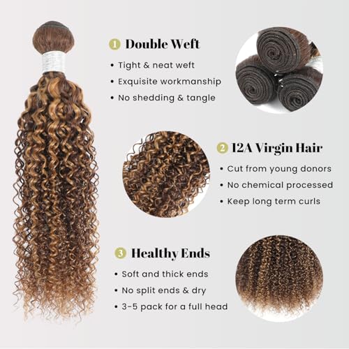 Honey Blonde Highlight Tight Kinky Curly 3 Bundles with 13x4 hd Frontal Closure Human Hair, 12A Virgin 13x4 Ear to Ear Frontal with 3 Curly Bundles Thick Tracks P4/27 Ombre Brown 12 14 16+ 12