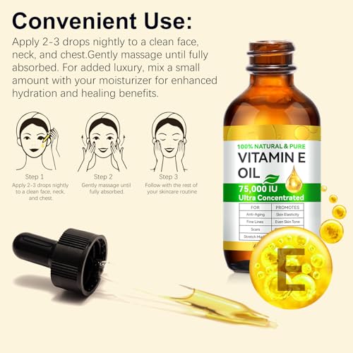 Vitamin E Oil, Cold Pressed Ultra Pure 75,000 IU Vitamin E Oil for Skin, Face and Scars, Deeply Nourish Enhancing Dry Skin Moisturizing, Reduce Fine Lines & Scars, Firmness & Elasticity 2Fl Oz