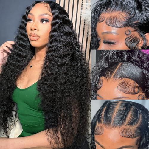 Deep Wave HD Lace Frontal Wig Human Hair 13x4 Lace Front Wigs Deep Wave 180 Density Pre Plucked HD Lace Front Human Hair Wigs for Women Frontal Wig Natural Color (32 Inch)