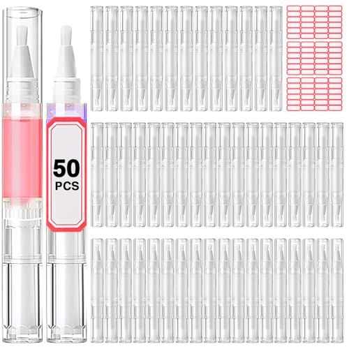 Cuticle Oil Pen 50Pcs 5ml Empty Nail Oil Pen Transparent Twist Pens with Brush Tip for Nail Oil, Eyelash Growth Liquid Tube, Cosmetic Lip Gloss Container Applicators + 72pcs Label