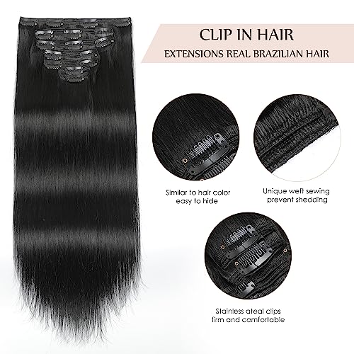 Sisily Clip in Hair Extensions Real Human Hair, 24 inch 180g, Jet Black, 100% Brazilian Remy Human Hair Clip in Extensions Soft Straight 7pcs Per Set with 16 Clips Double Weft