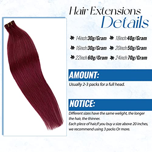 Real Hair Extensions Tape in Human Hair Extensions Burgundy Colored Hair Extensions Tape ins 20 Pieces Seamless Invisible Hair Extensions 22 inch Double Sided Tape in Remy Hair 60g for Women