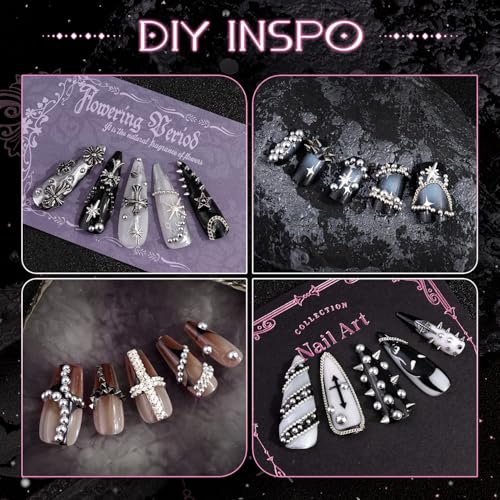 3D Mini Punk Nail Studs Cone Spike Alloy Rivets (Black+Silver), Flatback Nail Pearls and Round Steel Balls Beads(Silver), Goth Nail Charms and Gems for Nail Accessories