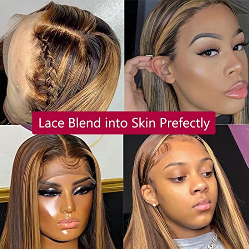 Highlight Lace Front Brazilian Virgin Human Hair Wigs 4/27 Ombre Colored Pre Plucked Straight 13x4 Lace Frontal Wig with Baby Hair 150% Density Bleached Knots for Black Women (18 Inch, 4/27 Straight)
