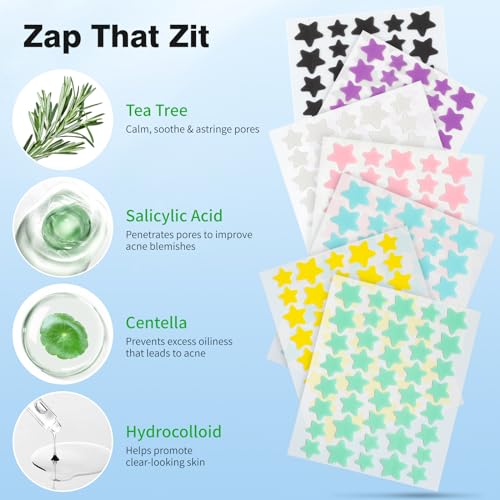 Pimple Patches for Face, Colorful Hydrocolloid Acne Patches, Cute Star Zit Covers for Face, Spot Stickers with Tea Tree, Salicylic Acid & Cica Oil| 4 Sizes (8mm, 10mm, 12mm & 14mm) |357 Count