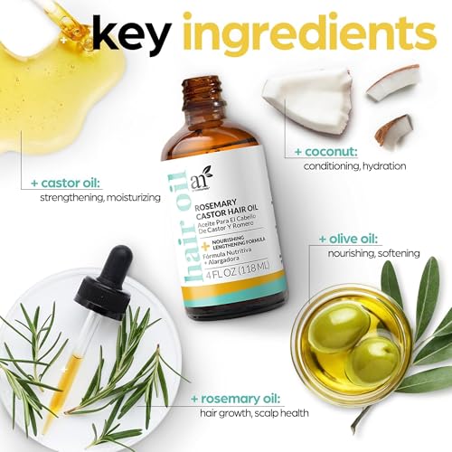 ArtNaturals Organic Rosemary & Castor Hair Growth Oil + Scalp Massager Set ? Hair Relaxer for Dry, Itchy Scalp, Thickening & Hydration - Scalp Oil Products For Damaged Hair & Split Ends ? 4.0 oz