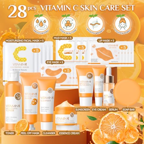 28 Pcs Vitamin C Skin Care Set, Skincare for Girls 10-12, Complete Skincare Routine for Deep Clean, Soft and Hydrated Skin, Ideal Gift for Teen Girls