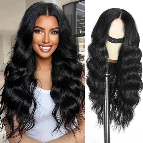 SCENTW Glueless Wigs Black Wig for Women Hand-Tied Lace Synthetic Lace Front Wig Long Wavy with Natural Hairline Middle Part Synthetic wig for Daily Party Beginners