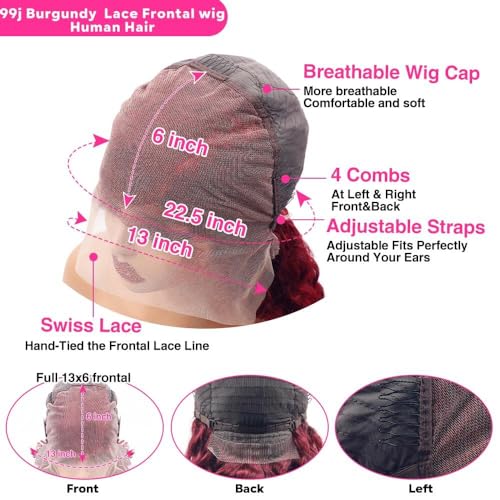 Larhali 99J HD Lace Front Wigs Human Hair Pre Plucked 250% Density Burgundy 13x6 Deep Wave Frontal Wigs Natural Hairline Human Hair Wigs for Black Women(24 Inch)