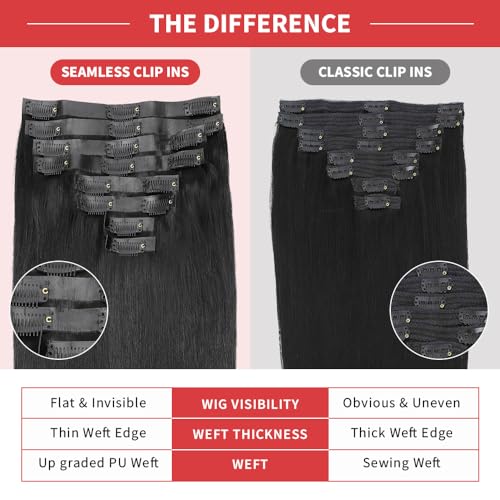 Seamless Clip in Hair Extensions Real Human Hair Full Head Natural Black PU Seamless Hair Extensions Straight 8pcs 120g Clip ins 100% Remy Human Hair Extensions For Women (26 inch, #1B)
