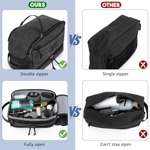 ZOMFELT Travel Toiletry Bag for Men, Canvas Hanging Toiletry Bag Shaving Dopp Kit Water Resistant Bathroom Shower Bag with Double Layer, Makeup Cosmetic Hygiene Bag for Toiletries Accessories, Black