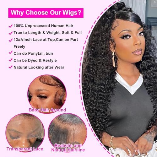 Deep Wave Lace Front Wigs Human Hair 180% Density 13x6 HD Lace Front Human Hair Wigs Deep Curly Frontal Wigs Pre Plucked with Baby Hair 28 Inch