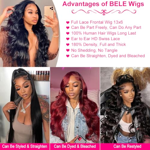 BELE 13x6 Full Lace Front Wigs Human Hair HD Transparent Body Wave Lace Front Wigs Human Hair Upgraded 14A Pre Plucked Bleached Tiny Knots Full Lace Frontal Wig 180 Density Natural Black 26 Inch