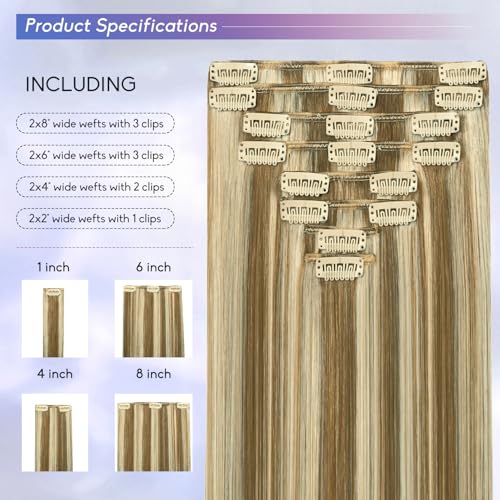 Blonde Clip in Hair Extensions Real Human Hair, 24 Inch 120g Natural Human Hair, Remy Human Hair Extensions Cip ins for Women 8pcs Per Set #16/22 Light Blonde Highlighted Golden Blonde