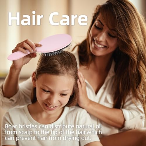 Boar Bristles Hair Brush for Women and Men, Detangling Hair Brush for Smoothing Massage Add Shine, Nylon&Boar Bristles Detangler brush for Hair Healthy (1 Pack-Pink)