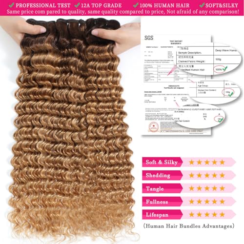 Ombre Deep Wave Bundles Human Hair T4/27# Brown to Honey Blonde Color Deep Wave Human Hair 3 Bundle for Women 12A Curly Bundle (24 24 24 Inch)
