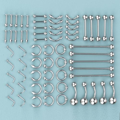 120PCS Body Piercing Kit Surgical Steel 14G 16G 20G BCR CBR Labret Lip Rings Cartilage Daith Earrings Nose Septum Nose Studs Belly Button Rings Jewelry Needles Gloves Clamps Tools