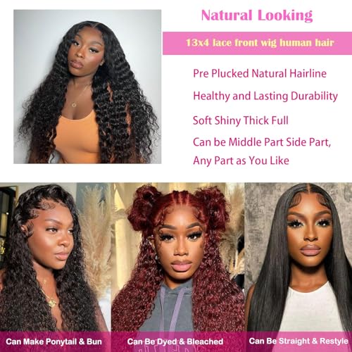 13x4 Deep Wave Lace Front Wigs Human Hair 200 Density Deep Curly Human Hair Wig HD Transparent Wet and Wavy Lace Front Wigs Natural Black 30 Inch
