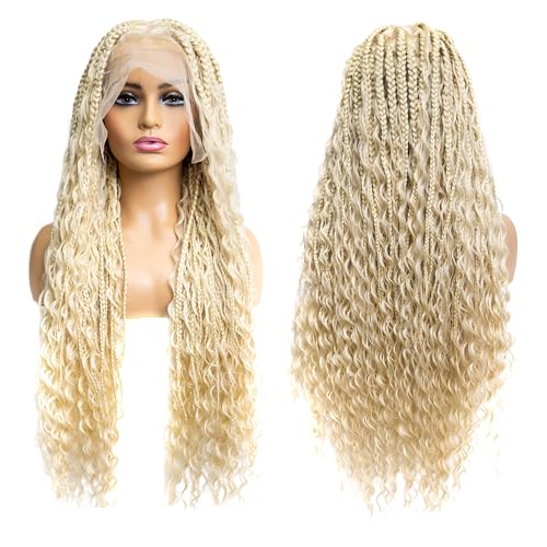 Gypsy Boho Box Braided Wig - Synthetic Knotless Braided Wigs for Black Women - Full Lace Square Parted, Glueless Wig with Natural Baby Hair (#613 Platinum Blonde, 32")