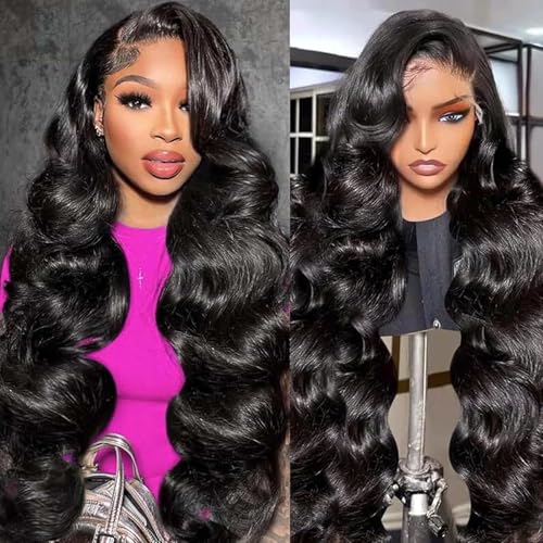 13x6 Body Wave Lace Front Wigs Human Hair 180 Density HD Lace Frontal Wigs Human Hair Pre Plucked Human hair Wig for Women Natural Black 32inch