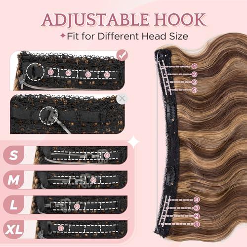 SEGO Halo Hair Extensions, Wavy Adjustable Invisible Wire Extensions, Real Human Hair, 2 Clips for Women Transparent Fish Line Extensions, Add Length Volume, 12 inches, Medium Brown Mixed Dark Blonde