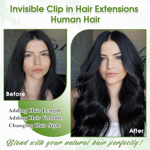 Human Hair Clip in Extensions Real Human Hair Clip-in Jet Black Hair Extensions 16inch/65g Clip ins 100% Brazilian Remy Human Hair for Women Straight Soft Hair 8pcs Double Weft