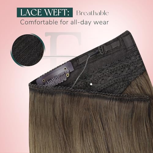 Easyouth Wire Hair Extensions Balayage Hair Extensions Invisible Wire Human Hair Medium Brown Fading to Platinum Blonde Mix Brown Fish Line Hair Extension Human Hair Ombre for Long Hair 20 Inch 100g
