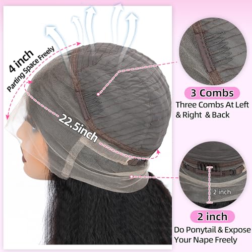 360 Lace Front Wigs Human Hair 20Inch Kinky Straight Human Hair Wig 180% Density Yaki Straight Human Hair Wig for Women Natural Color