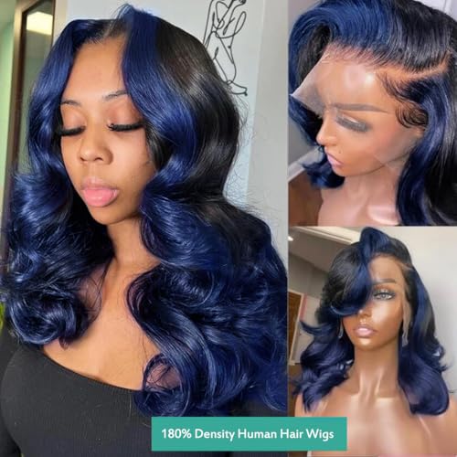 YMS Ombre Blue Wigs Human Hair 13x4 HD Lace Front Wig Pre Plucked With Baby Hair 180% Density Dark Blue 16Inch Colored Skunk Stripe Glueless Lace Frontal Wigs for Women