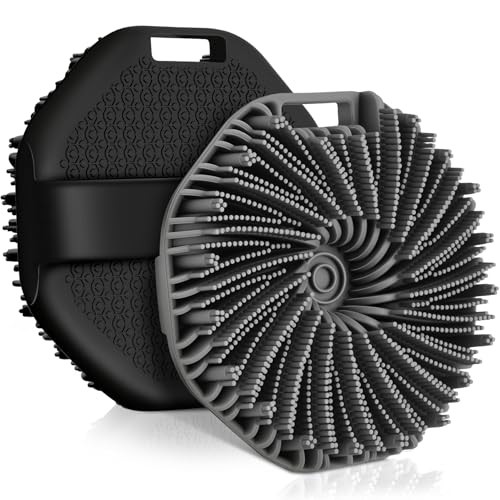 Silicone Body Scrubber, 2 PCS Exfoliating Body Scrubber, Silicone Loofah Bath Brush with Hand Strap, No-Slip Handheld Body Wash Brush Body Scrubbers Shower Cleaning for All Skin Types (Black & Grey)