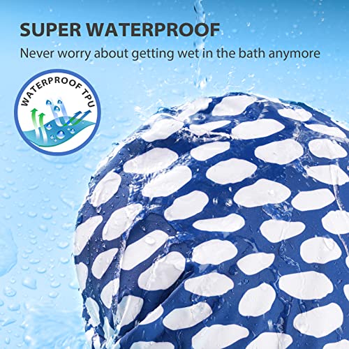 INNELO Luxury Shower Cap for Women Reusable Waterproof, Double Layered Shower Hair Cap with Adjustable Elastic Strap, Large Satin Lined Shower Bath Cap for Long Curly Straight Hair, Blue