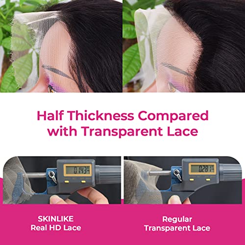 SKINLIKE 5x5 REAL HD Lace Closure Deep Wave Baby Hair Pre Plucked Swiss HD Lace Closures Only Ultra-thin Melted Virgin Human Hair Natural Black Serrated Edge 20 Inch