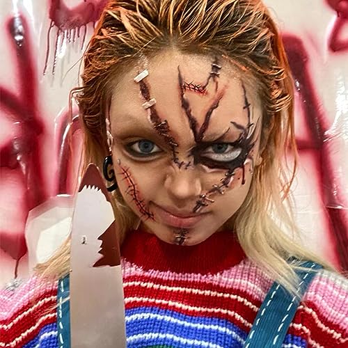 20 Sheets Halloween Zombie Temporary Tattoos - NEDEQI Chucky Scar Fake Blood Tattoos Waterproof Realistic Stitches Wound Temp Tattoo for Chucky Cosume Prank Makeup Cosplay Kids Men Women Adults