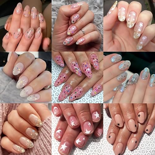 6 Sheets Star Nail Stickers 3D Self-Adhesive Glitters Starlight Nail Art Stickers Shiny Stars Glitters Nail Decals Black White Red Purple Laser Silver Stars Gold Nails Design Nail Supplies for Women