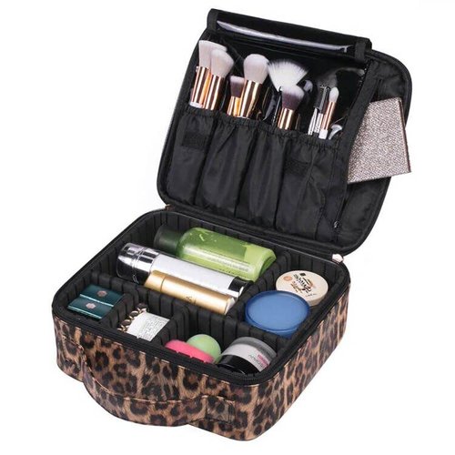 Uongeod Travel Makeup Bag Leopard Print PU Leather Cosmetic Makeup Bag Organizer case with Adjustable Dividers for Women