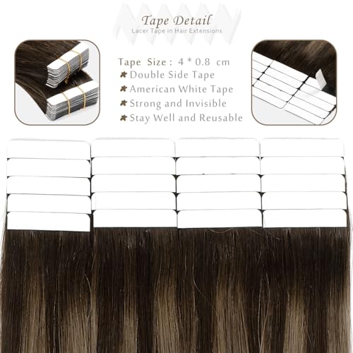 Lacer Hair Extension Tape In Extensions Human Hair Invisible Skin Weft Hair Extensions Dark Brown To Chestnut Brown Highlight Color Hair Extensions Tape In Real Human Hair Silky Straight 100G 24inch