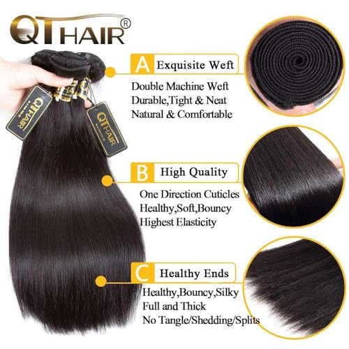 QTHAIR 16A Virgin Hair Brazilian Straight Hair Bundles with 4X4Lace Closure (12'' 14'' 16''+10'') 100% Unprocessed Straight Brazilian Virgin Hair Weave Natural Color