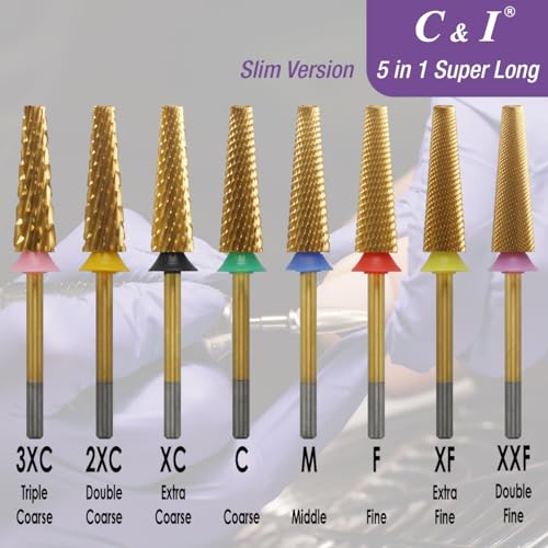 C&I 5 in 1 Nail Drill Bit Super Long Slim Efile Professional Nail Bits Nail Tech Must Have for Extension Nails Acrylic Powder Hard Gel Nail Tip Cuticle Remover Nail Supplies (Extra Fine -XF)