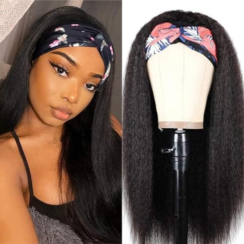 Headband Wigs Human Hair 180% Density 12A Kinky Straight Human Hair Headband Wigs For Black Women Yaki Straight Human Hair Wigs With Headband Attached Natural Black Color 24 Inch