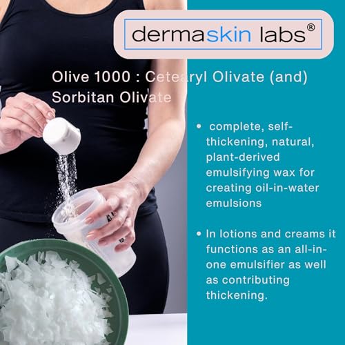 Olive 1000 Emulsifier, Cetearyl Olivate, Sorbitan Olivate 1000 Plant-Based Emulsifier Wax ECOCERT COSMOS Validated PEG-free self-emulsifying for DIY Skincare, Haircare Applications (8 oz)