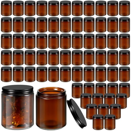 Lallisa 72 Pcs 8 oz Amber Glass Jars with Black Lids Round Glass Cosmetic Jars with Lids Empty Amber Containers Refillable Food Storage Containers for Spice Powder Liquid Sample Makeup
