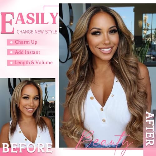Clip in Hair Extensions Real Human Hair, Seamless Clip ins Real Human Hair for Women, Remy Human Hair Clip in Extensions, Double Weft 8pcs 24 inch Balayage Dark Brown to Chestnut Brown